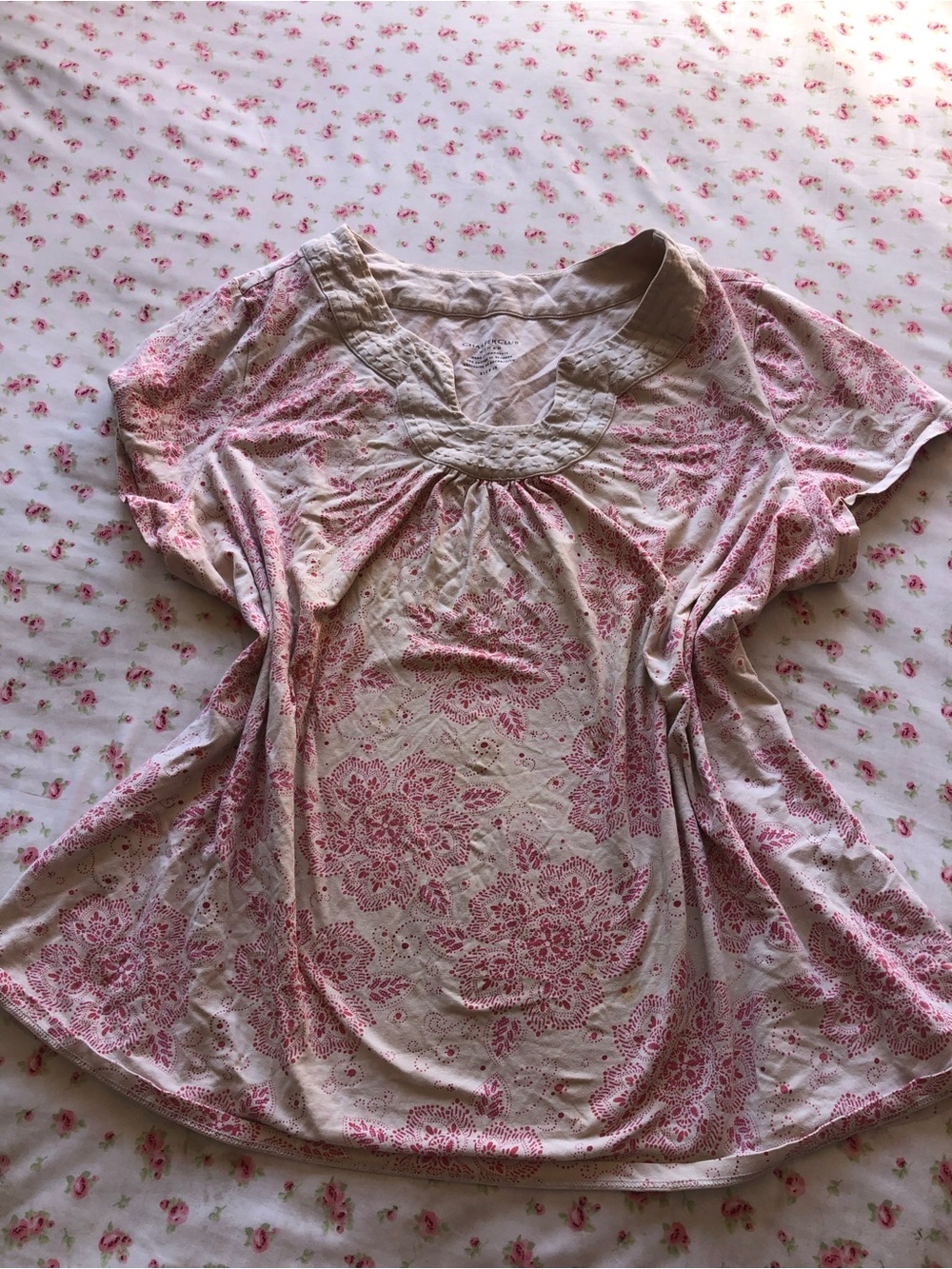 Women's Pink Floral Short-Sleeve Gathered Scoop Neck Blouse